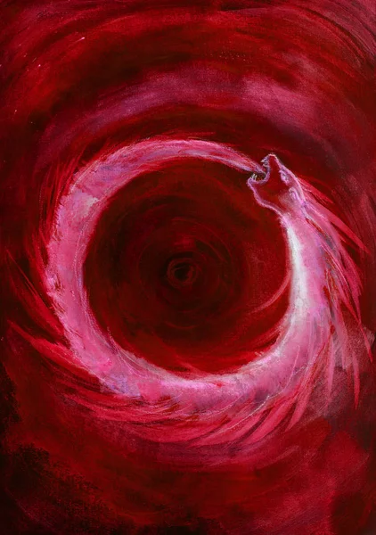 Kırmızı ouroboros aslan onun masal yiyen yılan. Kenarlarına yakın dabbing teknik kağıt değişmiş yüzey pürüzlülüğü nedeniyle yumuşak odak etkisi verir.