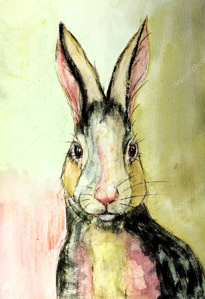 Colored Charcoal Drawing Rabbit Yellow Green Background Dabbing Technique Gives — Stock Photo