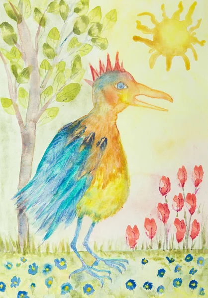 梦幻国王鸟与树太阳和花 由于纸张表面粗糙度的改变 涂抹技术给出了一个软聚焦效应 — 图库照片