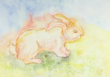 Utangaç tavşan mavi ve yeşil bir arka plan üzerinde. Yumuşak odak etkisi nedeniyle değişmiş yüzey pürüzlülüğü kağıdın dabbing tekniği verir.