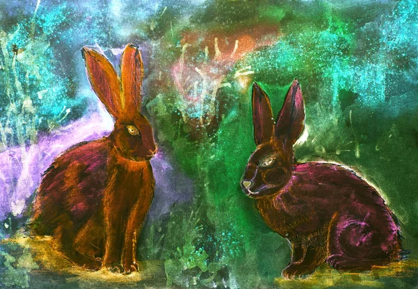 Два Кролика Психоделике Техника Нанесения Краски Дает Мягкий Эффект Фокусировки — стоковое фото