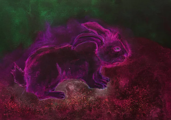 緑と赤の背景を持つサイケデリック ピンクのウサギ 軽くたたくテクニックにより 用紙の変更の表面粗さによるソフト フォーカス効果 — ストック写真