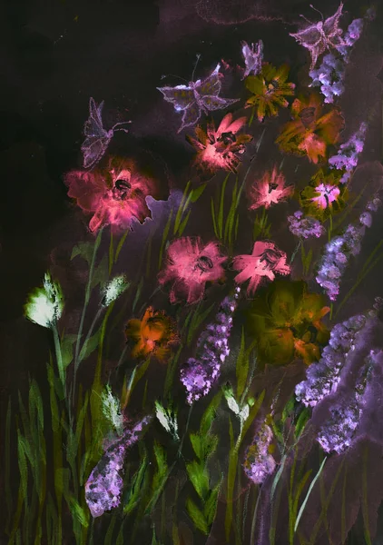 Alan gül ve kelebekler gece ile lupines. Kenarlarına yakın dabbing teknik kağıt değişmiş yüzey pürüzlülüğü nedeniyle yumuşak odak etkisi verir.