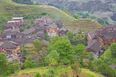 Yazı: Ping 'Ancun, Longsheng, Guangxi, Çin, 20 Nisan 2019 - Ping' ancun köyü Guilin yakınlarındaki pirinç tarlalarının ortasında