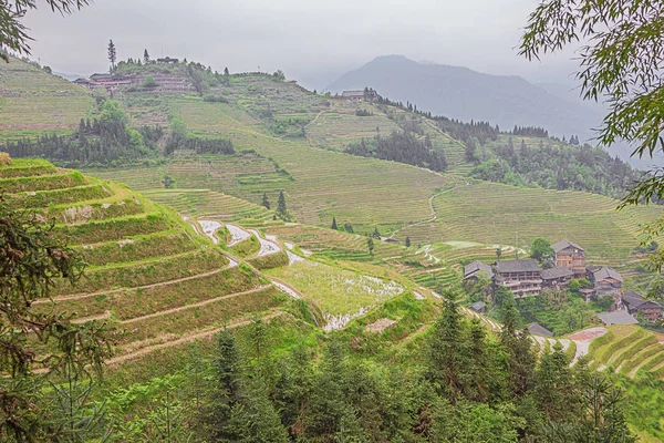 Aldeia Ping Ancun Fundo Campos Arroz Área Longsheng Perto Guilin — Fotografia de Stock