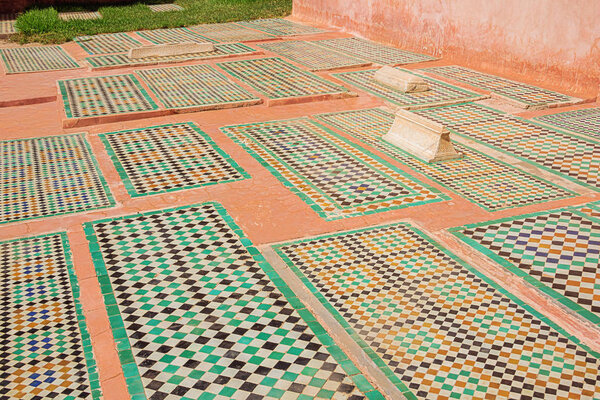 Editorial: MARRAKECH, MOROCCO, October 3, 2019 - Several graves of soldiers and servants in the garden of the Saadian Tombs a mausoleum in Marrakech
