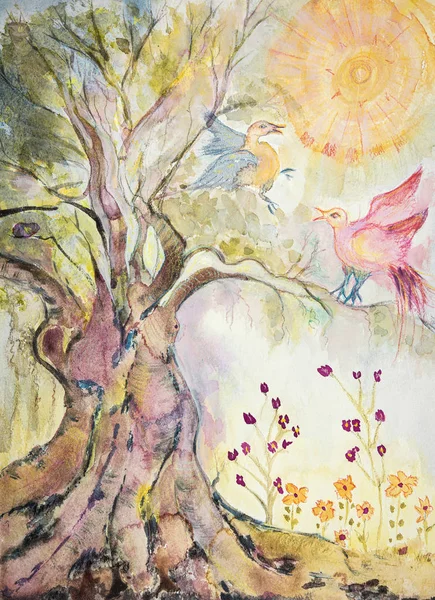 Kumrularla oynayan hayat ağacı. Kenarlara yakın dokunmatik tekniği kağıdın değişmiş yüzey pürüzü nedeniyle yumuşak bir odak etkisi verir.