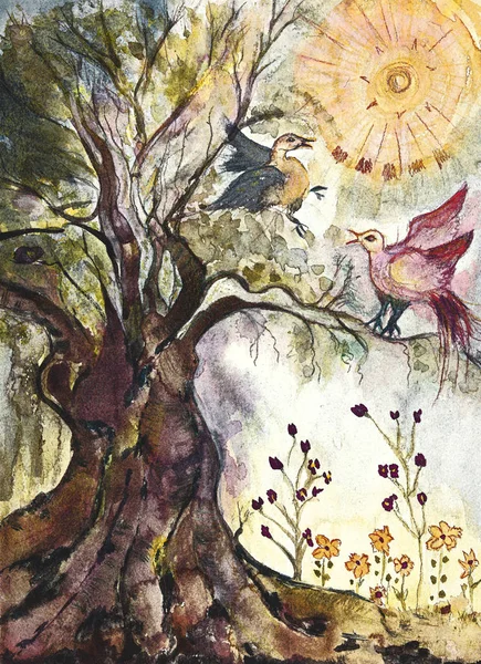 Tree of life with playing doves fresco. The dabbing technique near the edges gives a soft focus effect due to the altered surface roughness of the paper.