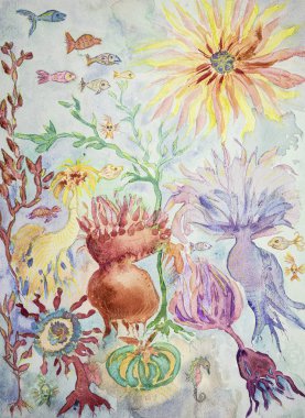 Yaşayan okyanus. Kenarlara yakın dokunmatik tekniği kağıdın değişmiş yüzey pürüzü nedeniyle yumuşak bir odak etkisi verir.