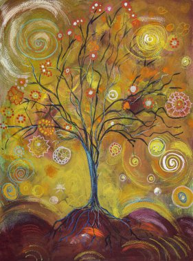 Tuhaf hayat ağacından başka bir şey değil. Kenarlara yakın dokunmatik tekniği kağıdın değişmiş yüzey pürüzü nedeniyle yumuşak bir odak etkisi verir.