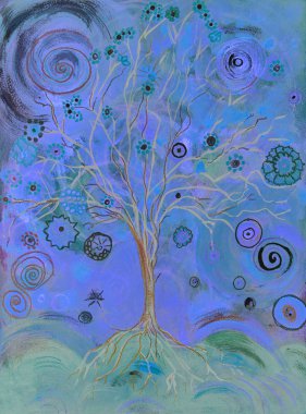 Pastel renklerde yaşam ağacı. Kenarlara yakın dokunmatik tekniği kağıdın değişmiş yüzey pürüzü nedeniyle yumuşak bir odak etkisi verir.