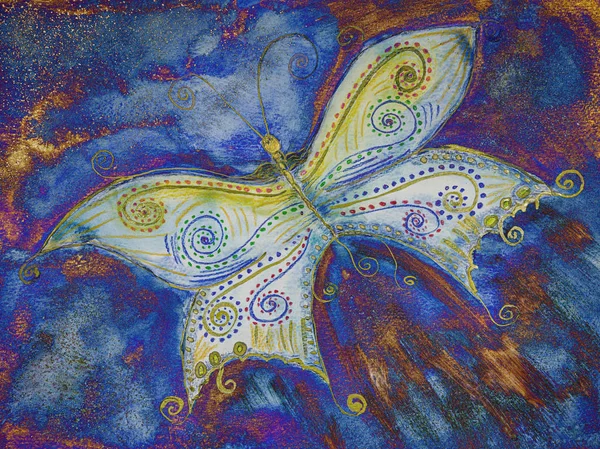 Psychedelický Zlatý Motýl Modrým Zlatým Pozadím Dabing Technika Blízkosti Okrajů — Stock fotografie