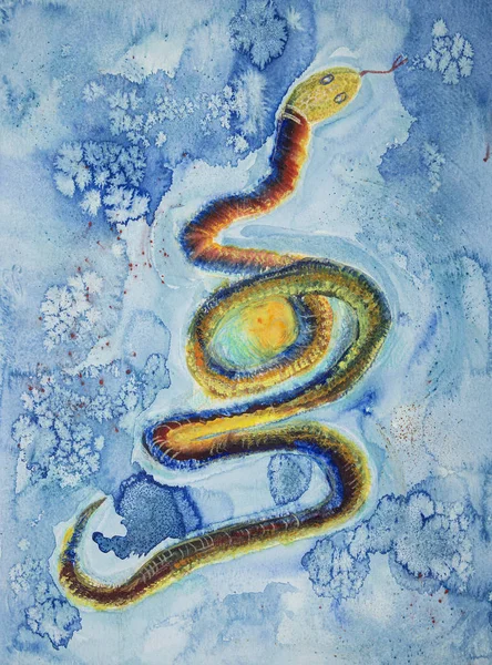 Cosmic snake with egg. The dabbing technique near the edges gives a soft focus effect due to the altered surface roughness of the paper.