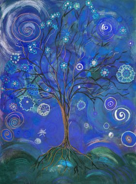 Lolipopları ve bukleleri olan mavi yaşam ağacı. Kenarlara yakın dokunmatik tekniği kağıdın değişmiş yüzey pürüzü nedeniyle yumuşak bir odak etkisi verir.