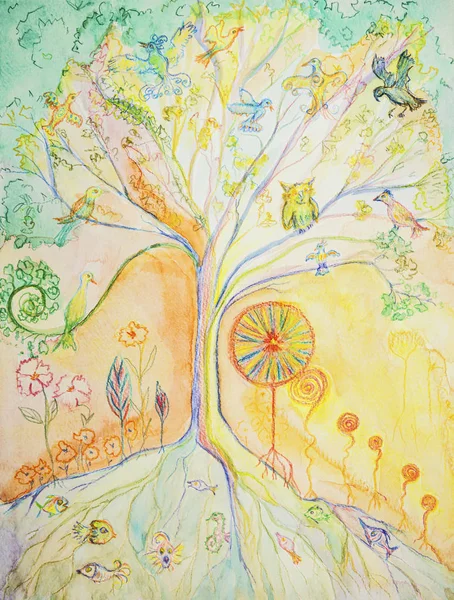 Tree of life with flock of birds. The dabbing technique near the edges gives a soft focus effect due to the altered surface roughness of the paper.