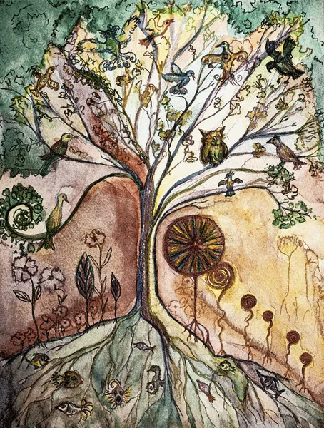 Fresco of tree of life with flock of birds. The dabbing technique near the edges gives a soft focus effect due to the altered surface roughness of the paper.