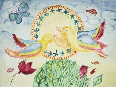 Mandala ile dekoratif uçan serçeler. Kenarlara yakın dokunmatik tekniği kağıdın değişmiş yüzey pürüzü nedeniyle yumuşak bir odak etkisi verir.