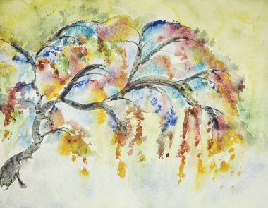 Sonbaharda renkli bir dal. Kenarlara yakın dokunmatik tekniği kağıdın değişmiş yüzey pürüzü nedeniyle yumuşak bir odak etkisi verir.