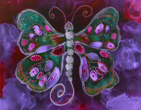 Papillon Volant Psychédélique Dans Ciel Rouge Violet Turbulent Brillant Technique — Photo