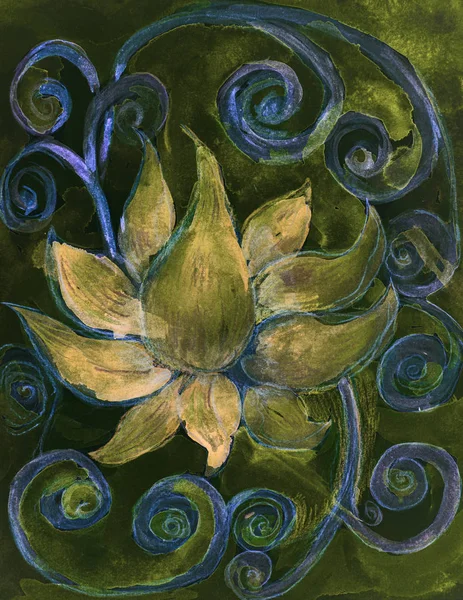 Golden lotus flower with blue curls on a green background. The dabbing technique near the edges gives a soft focus effect due to the altered surface roughness of the paper.