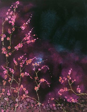 Gecenin karanlığında aydınlatılmış sakura