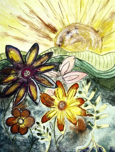 太陽の下でヒッピーの花のフレスコ画 エッジ付近のダビング技術は 紙の表面粗さの変化によって柔らかい焦点効果を与えます — ストック写真