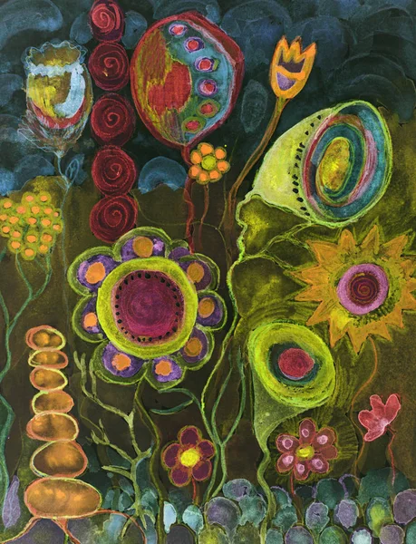 Psychedelic folk art flowers and rocks. The dabbing technique near the edges gives a soft focus effect due to the altered surface roughness of the paper.