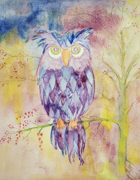 Blue owl sitting on a branch of cherry blossom. The dabbing technique near the edges gives a soft focus effect due to the altered surface roughness of the paper.