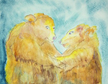 İki ayı sohbet ediyor. Kenarlara yakın dokunmatik tekniği kağıdın değişmiş yüzey pürüzü nedeniyle yumuşak bir odak etkisi verir.