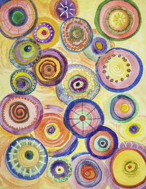 Tuhaf renkli soyut çemberler. Kenarlara yakın dokunmatik tekniği kağıdın değişmiş yüzey pürüzü nedeniyle yumuşak bir odak etkisi verir.