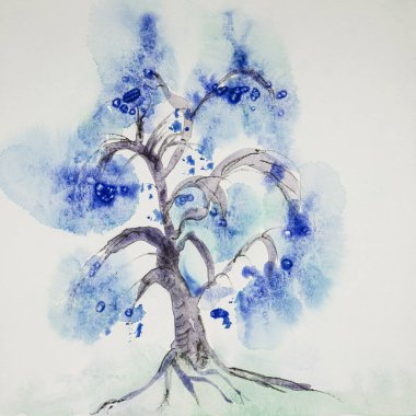 Minimalist Çin mavi ağacı. Kenarlara yakın dokunmatik tekniği kağıdın değişmiş yüzey pürüzü nedeniyle yumuşak bir odak etkisi verir.