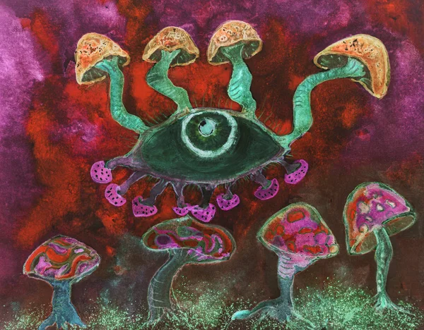 Psychedelic Red Mushrooms Trip Dabbing Technique Edges Gives Soft Focus — Stock Photo, Image