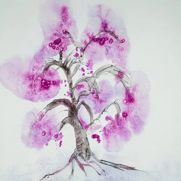 Minimalistic Chinese pink tree. The dabbing technique near the edges gives a soft focus effect due to the altered surface roughness of the paper.