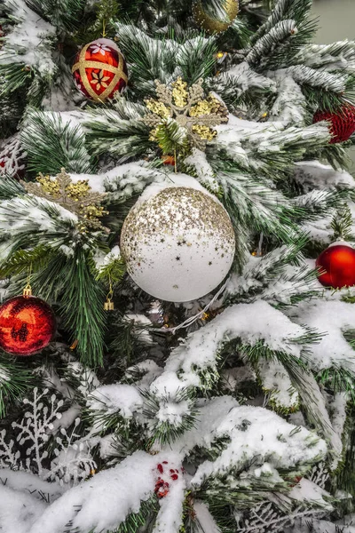 Snow Covered Decorated Christmas Tree Stands City Street Close — Stock Photo, Image