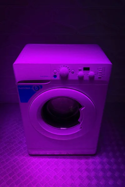 Close Washing Machine Illuminated Purple Light — Stock Photo, Image