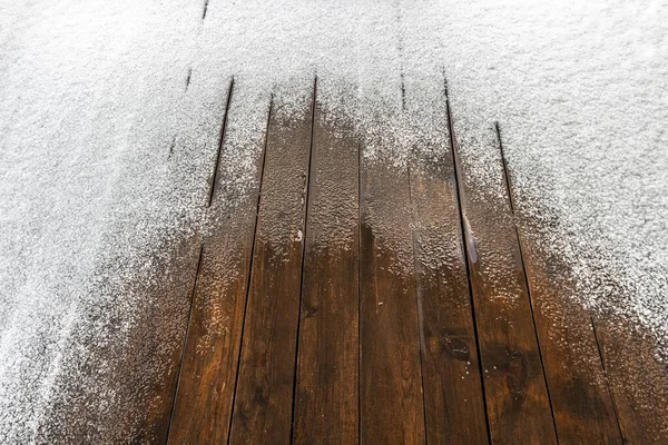 Sníh Dřevěné Prkno Podlahy Otevřené Terasy Zblízka Jako Pozadí — Stock fotografie