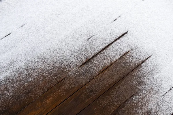Schnee Auf Einem Holzdielen Boden Einer Offenen Terrasse Nahaufnahme Als — Stockfoto