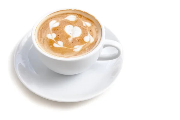 Xícara de café de arte latte muitos forma do coração no fundo branco iso — Fotografia de Stock