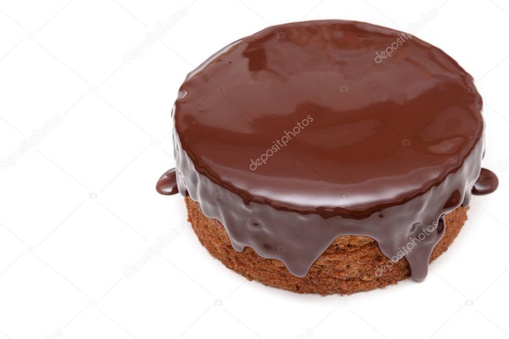 Chocolate ganache cake pound on white background isolated with c