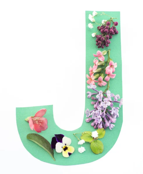Buchstabe j aus Frühlingsblumen und Papier — Stockfoto