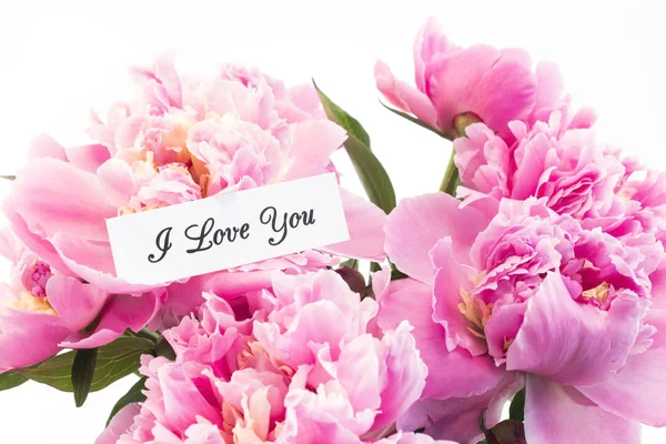 Ich liebe deine Karte mit einem Strauß rosa Pfingstrosen — Stockfoto