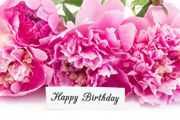 Glückwunschkarte zum Geburtstag mit einem Strauß rosa Pfingstrosen — Stockfoto