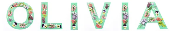 Olivia Word vyrobené z papíru a jarní květiny — Stock fotografie