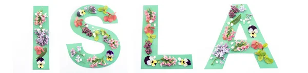 Isla slovo vyrobené z papíru a jarní květiny — Stock fotografie