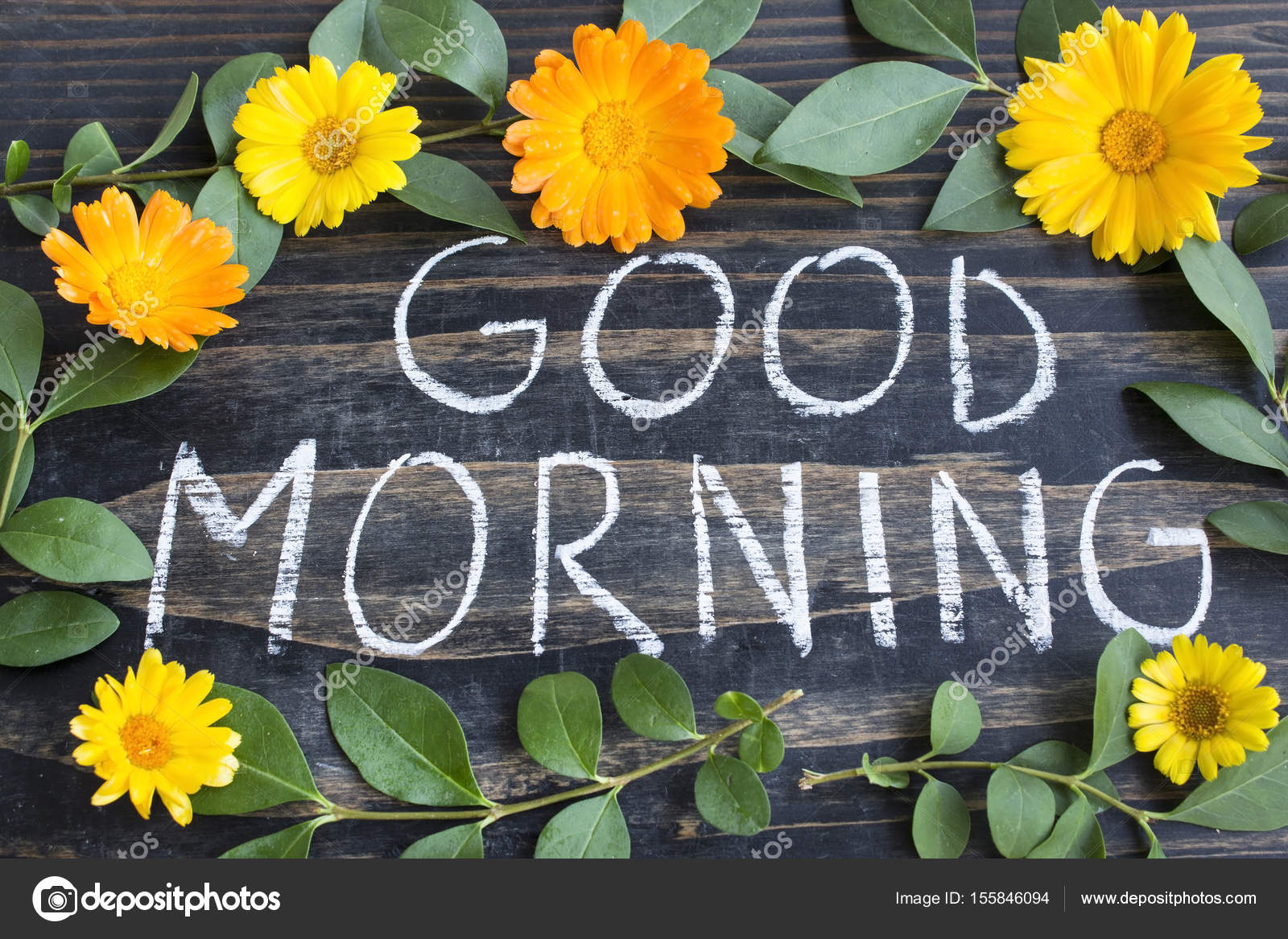 Words Good Morning with Leaves and Marigold Flowers Stock Photo by ...