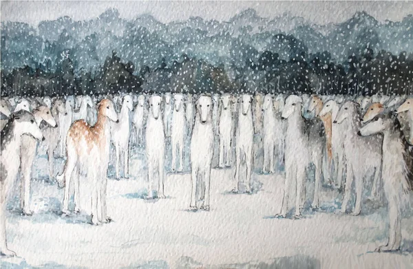 Dogs in winter, watercolor — Stock Vector