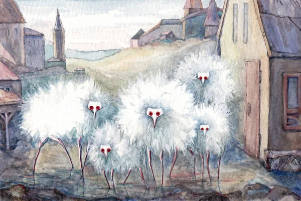 Sketch of fantasy town with bloody sheeps, watercolor art