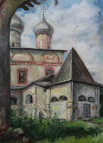 Landscape in a quiet secluded place, russian cathedral. Realistic painting on a square canvas, oil painting. — Stock Photo, Image