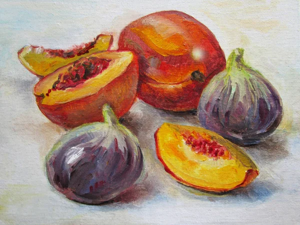 Peach and figs, still life oil painting — 스톡 사진