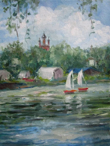 Templos de paisaje con río, Yaroslavl, Rusia, pintura al óleo — Foto de Stock